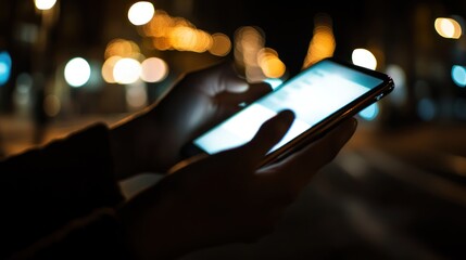 Hands Holding Smartphone at Night