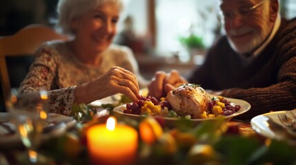 Elderly Couple Enjoying a Meal with Roasted Chicken and Grapes