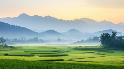 Naklejka premium A serene landscape of rice fields at dawn, with mist hovering over the green fields and distant mountains.