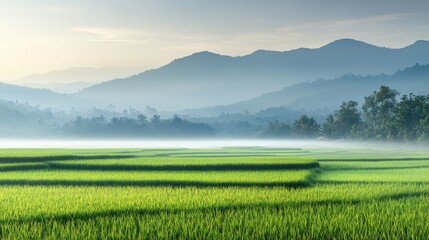 Fototapeta premium A serene landscape of rice fields at dawn, with mist hovering over the green fields and distant mountains.