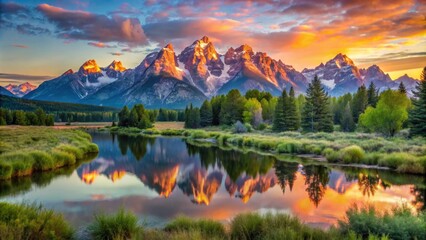 Sunrise at Grand Tetons National Park in Wyoming USA, mountains, landscape, nature, scenery, reflection, stunning, vibrant
