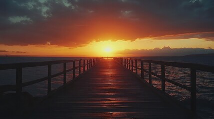 Fototapeta premium A sunset shot of a pier jutting out into the sea, with the boardwalk lines leading the eye towards the horizon
