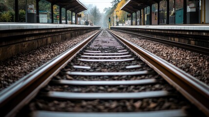 Naklejka premium A train station platform, with leading lines of the rails converging towards the distant vanishing point