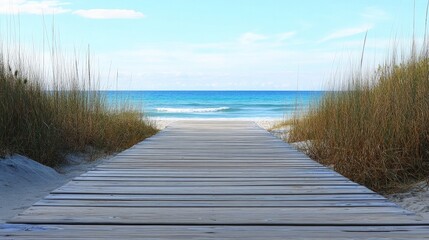 Obraz premium A wooden boardwalk leading to the beach, with parallel planks creating a rhythmic line pattern towards the ocean
