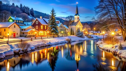 Fototapeta premium Christmas town background featuring a small town with a river, church, and houses decorated with festive lights