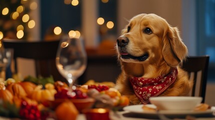 Golden Retriever Dog at a Festive Dinner Table