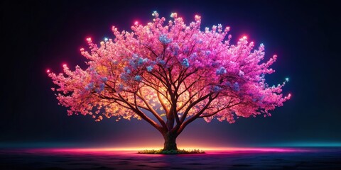 Vibrant neon cherry blossom tree against dark background, neon, cherry blossom, tree, vibrant, glowing, pink, flowers