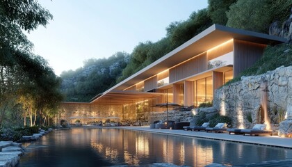 Obraz premium Modern Architectural Residence with Infinity Pool and Mountain Views