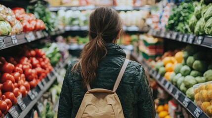 A woman, seen from behind, strolling down the aisle of a supermarket filled with fresh produce, exploring healthy grocery options