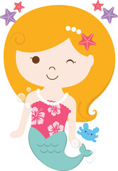 Cute vector of mermaid girl with pearls and shells as a backround