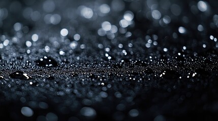 Abstract close-up of water droplets scattered across a dark surface, glistening like tiny jewels in the light, creating a minimalist and serene visual