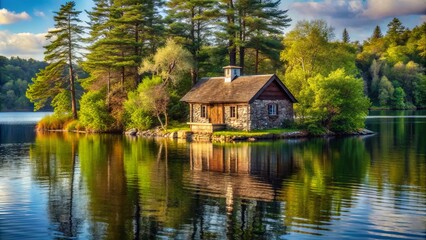 Obraz premium Rustic cottage perched on a stone small island in a serene lake setting