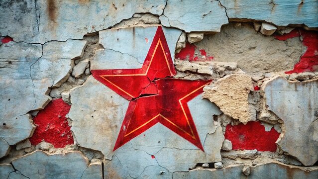 A worn, red-star-adorned Soviet-era propaganda poster peels off a crumbling concrete wall, symbolic of a bygone era of communist ideology and faded revolutionary fervor.