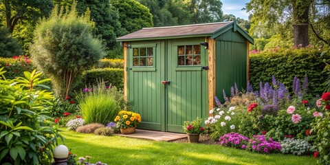 Small green shed garden house surrounded by flowers and trees