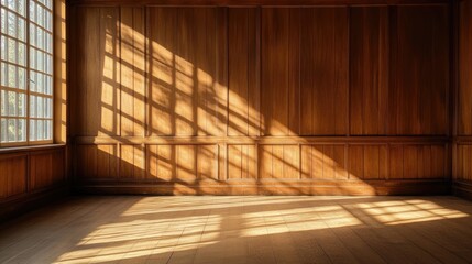Obraz premium An empty, sunlit room with gentle light creating elegant shadows on a wooden panel wall, offering a tranquil and aesthetically pleasing setting