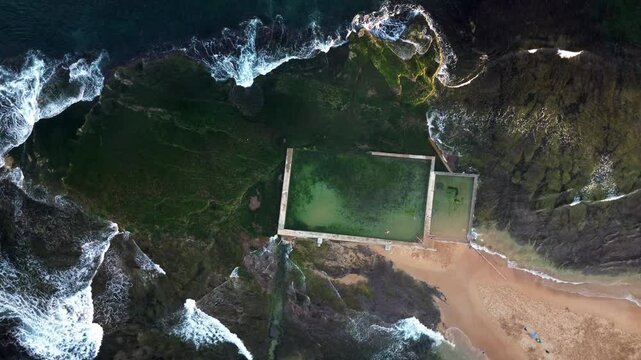 Aerial view of Mona Vale Beach, Northern Beaches NSW, Sydney, Australia. Suburbs and ocean.