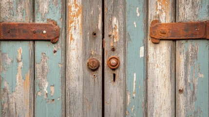 Background of old wooden doors with weathered paint and metal accents, evoking a historic, rustic charm.