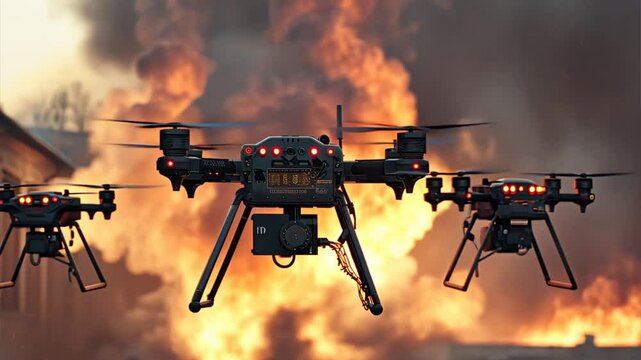 Drones Brave the Inferno: Firefighting drones deploy amidst raging flames, showcasing their crucial role in disaster response. 