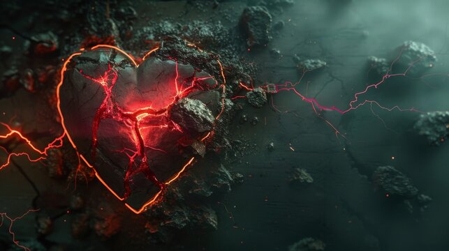 A heart-shaped object featuring intense electric cracks rests amidst a rocky terrain. The glowing cracks emit vivid red light, highlighting the heart's fragmented structure against the rugged backdrop