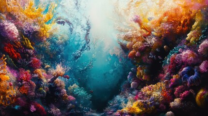 Obraz premium Vibrant Underwater Coral Reef with Sunlight Filtering Through