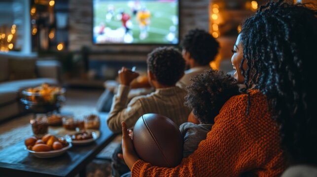 Woman and Child Watching Football on TV with a Football