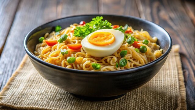 Close-up of a delicious bowl of Indomie soup with a boiled egg on top, indomie, noodles, soup, egg, food, delicious, tasty