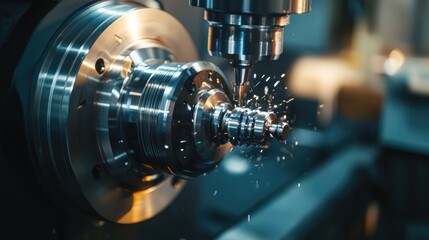 Naklejka premium CNC milling machine in action, with a computer-controlled cutting tool precisely shaping metal for high-tech manufacturing
