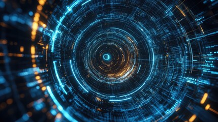 Obraz premium Aerial shot of a swirling digital vortex, with technology-driven patterns and lines, seen from the perspective of an unmanned drone