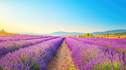Blooming lavender field garden under a clear blue sky, with a path cutting through the vibrant rows