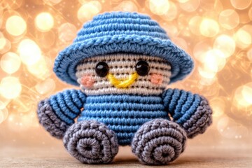 Cute Crochet Snowman Toy with Blue Hat and Yellow Nose in Front of Bokeh Lights