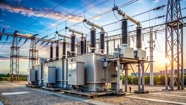 High voltage power transformer substation in a industrial setting with electrical equipment and power lines