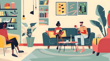 Fototapeta premium Friends exchanging gifts in a cozy living room