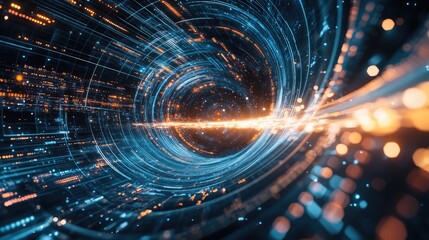Obraz premium Drone-captured digital vortex with intricate technology lines creating a fast-paced channel of data, emphasizing a high-tech atmosphere
