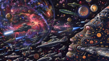 Cosmic Consciousness: A majestic Afrofuturist being observes a vast, vibrant galaxy teeming with spaceships, planets, and nebulae, embodying the boundless potential of the cosmos and the fusion of tec