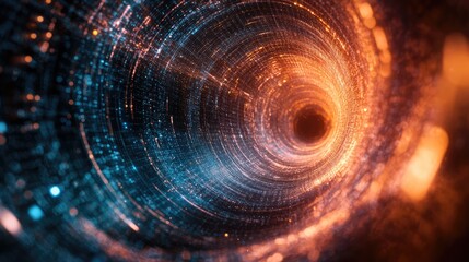 Obraz premium Technological digital vortex from a drone perspective, with intricate technology lines forming a high-speed channel of data