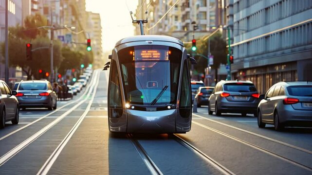 Urban Commute at Golden Hour: A modern tram glides through bustling city streets bathed in the warm glow of sunset, capturing the essence of urban life in motion. 