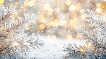 Christmas scene with white snowflakes, icy branches, and soft golden lights twinkling in the background, cozy and festive