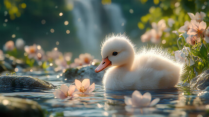illustration of cute baby ducks swimming in water