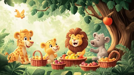 Fototapeta premium A group of jungle animals, including a lion cartoon, having a fun picnic under a tree with baskets of fruits