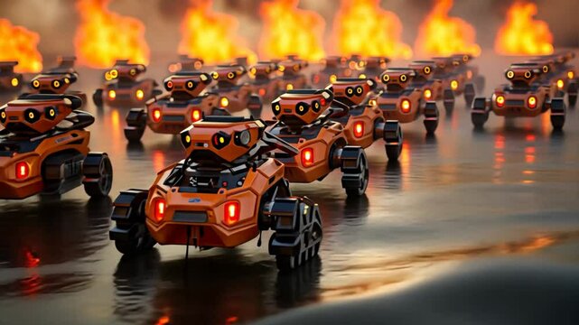 Robot Uprising: A legion of futuristic orange robots advance menacingly through fire and destruction in this AI-themed image. 