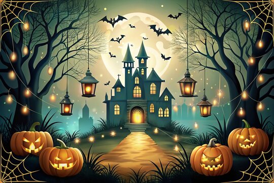 Spooky lanterns, cobwebs, and pumpkins surround a haunted mansion invitation with a creepy tree silhouette, perfect for a howling good Halloween bash announcement.