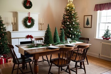 Obraz premium Rustic Wooden Dining Table with Cozy Christmas Tree Decor for Holiday Spirit and Warm Relaxation Spaces