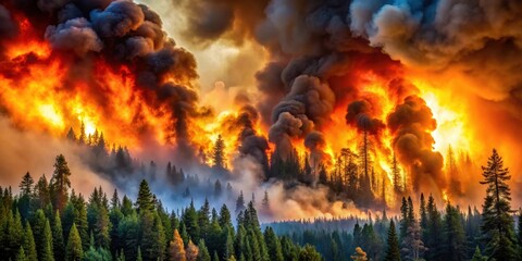 A devastating forest fire with open flames and billowing smoke, wildfire, burning, destruction, catastrophe, blaze, disaster