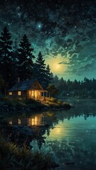 Fototapeta premium a painting of a cabin with a night sky and a lake with a tree in the background.