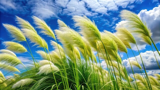 Vibrant green stalks of baboso plants sway gently in the breeze, their feathery plumes dancing against a bright blue sky with wispy white clouds.