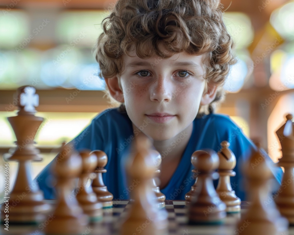 Canvas Prints a young boy with curly hair sitting at a chess board. ai.