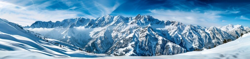 Obraz premium A snow covered mountain range with a blue sky in the background. AI.