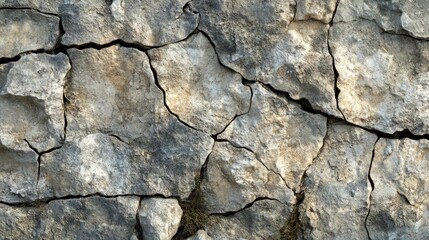 Cracked, dry stone surface background with deep fissures and a rugged appearance, ideal for dramatic scenes.