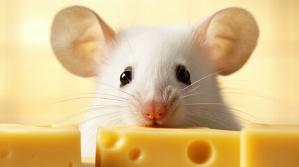 Fototapeta premium Cute mouse sitting on a stack of delicious cheese, adorable rodent illustration.