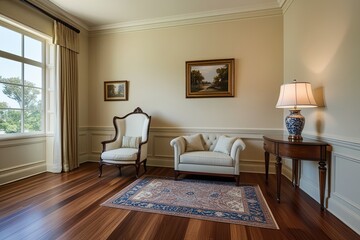 Fototapeta premium Elegant Guest Room with Classic Armchair on Stylish Wood Flooring and Soft Cream Walls